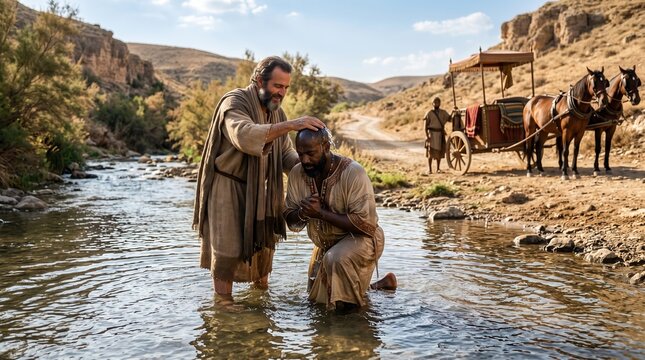 Philip baptizing the Ethiopian in a river.