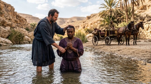 Philip baptizing the Ethiopian in a river.