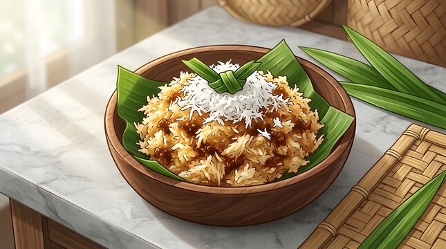 Traditional sweet sticky rice with palm sugar and grated coconut in a wooden bowl on a marble surface.