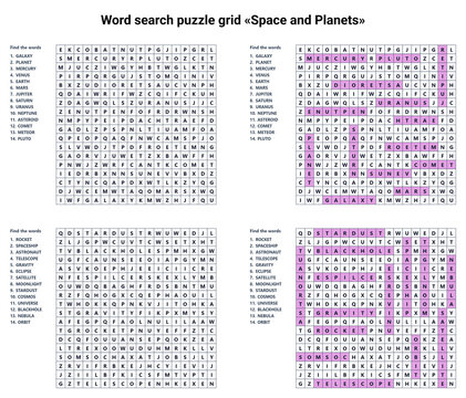 Word seek puzzle sheet &laquo;Space and Planets&raquo; with solution, set of 2 puzzles, engaging and fun educational activity