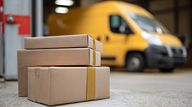 Stacked cardboard boxes ready for delivery on concrete floor with a commercial cargo van in blurred background, illustrating logistics concepts