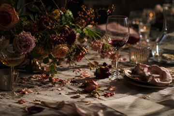 Fototapeta premium Elegant wilted flowers after dinner party with fallen petals and cinematic mood, authentic luxury lifestyle still life