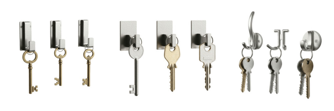 Set of Wall-Mounted Key Hooks with Various Metal Keys, Modern Home Organization Accessories, Decorative Entryway Key Hangers Isolated on White Background, House Entrance Security and Storage Elements 