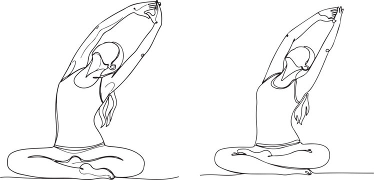 Lineart illustration of woman stretching in yoga pose with two mirrored views on white background