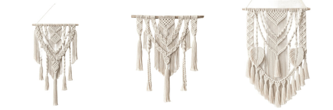 Set of Three Decorative Macrame Wall Hangings, Handmade Bohemian Style Fiber Art with Tassels. Boho Chic Home Decor for Living Room, Nursery, or Bedroom, High-Quality Cutout PNG Stock Asset for Interi