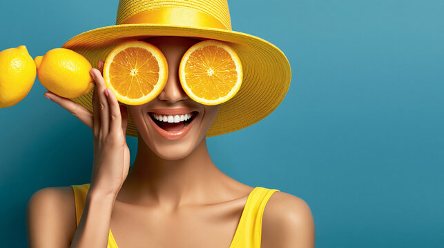 A joyful woman wearing a yellow hat with fruit-themed glasses.