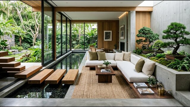 Modern biophilic living room with indoor water feature, floating wooden steps, bonsai tree, and lush tropical garden view.