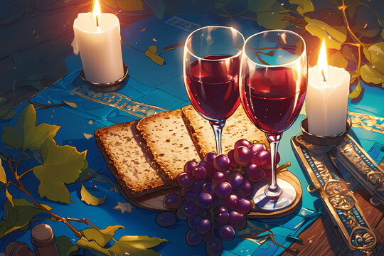 Matzah and red wine glasses on blue tablecloth with grapes and lit candles. Traditional Passover Seder table setting for Jewish holiday celebration. Festive religious dinner concept.