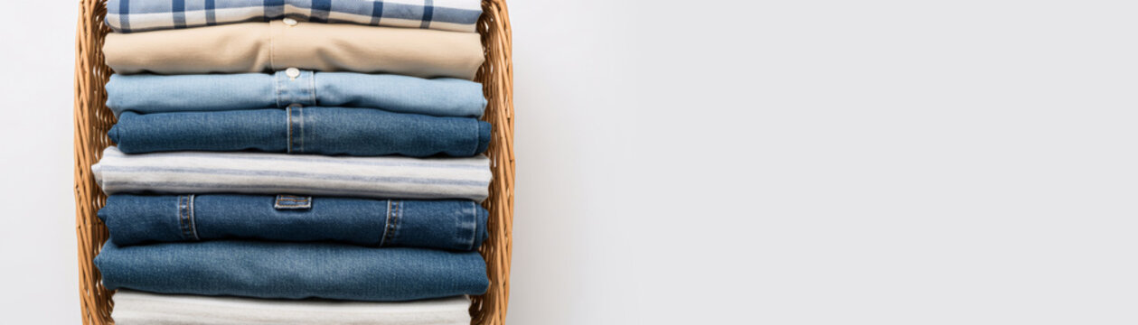Stack of neatly folded clothes in a laundry basket. Minimalist design for home organization. Clean fabric, textile, and garment concept. Banner with copy space