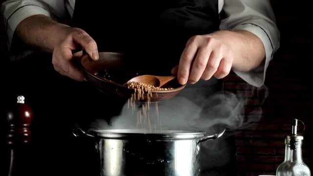 Chef in black apron pours grains buckwheat from wooden bowl into steaming pot on stove, with kitchen utensils and brick wall visible in the background