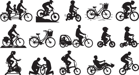 Naklejka premium Collection of diverse bicycle riders and bikes silhouettes Vector
