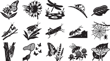 Fototapeta premium Collection of black and white insect silhouettes in nature scenes Vector