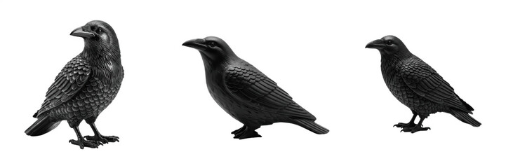 Fototapeta premium Set of Three Realistic Black Raven or Crow Figurines Isolated on White Background, Detailed Bird Statues for Halloween Decoration, Gothic Wildlife Graphic Elements, High-Quality Cutout PNG Collection 