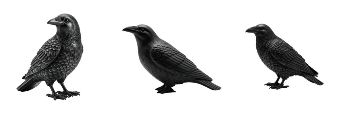 Set of Three Realistic Black Raven or Crow Figurines Isolated on White Background, Detailed Bird Statues for Halloween Decoration, Gothic Wildlife Graphic Elements, High-Quality Cutout PNG Collection 
