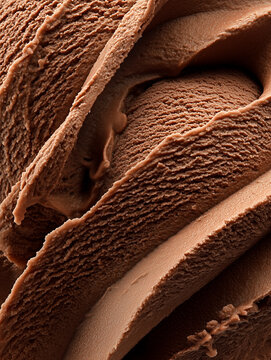 Extreme macro texture of creamy chocolate ice cream. Close up of rich brown gelato or frozen yogurt waves with detailed ripples. Sweet summer dessert concept