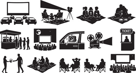 Fototapeta premium Outdoor movie theater scenes collection with people, cars, and screen Vector