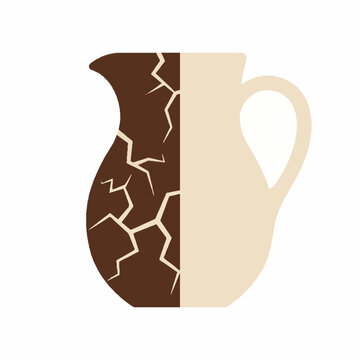 Vector illustration of a ceramic pitcher split vertically, one half solid beige and the other half dark brown with beige cracks, on a white background.