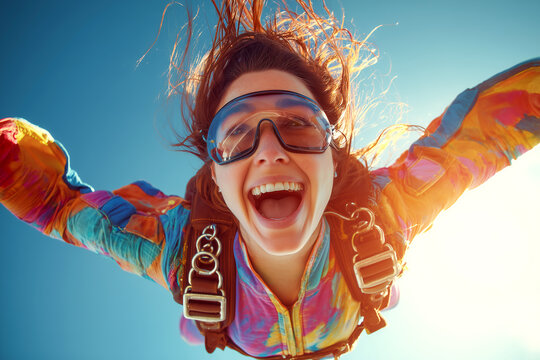Low angle view of a happy excited woman skydiving in a bright colorful jumpsuit and goggles, shouting with joy during free fall against a clear blue sky