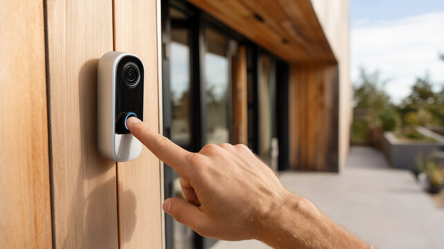 A male hand pressing the button of a modern wireless video doorbell with glowing blue light ring on a wooden wall next to the house entrance. Smart home concept