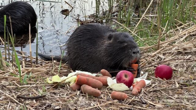 Cute Wild Coypu Nutria Animal Feeding On Fresh Apples And Carrots Near Lake Shore