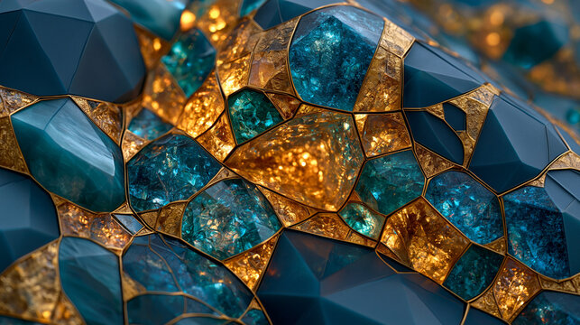A cinematic macro photograph of a structured, low-poly geometric surface featuring interlocking blue gemstones and gold accents.