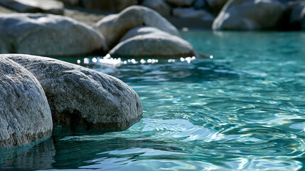 Naklejka premium Clear turquoise water gently flows over smooth stones in sunlight.
