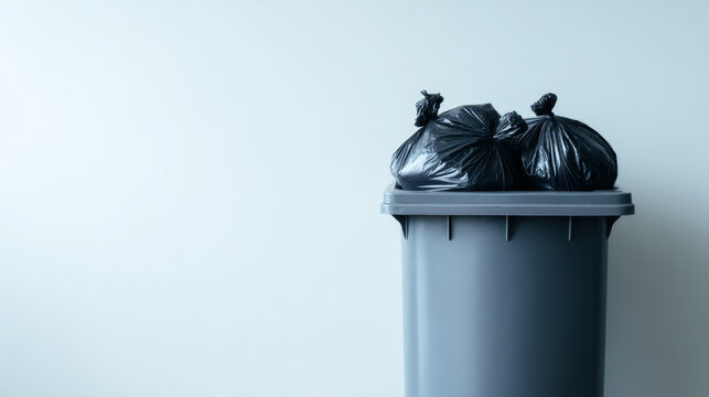 Overflowing trash bin with black garbage bags