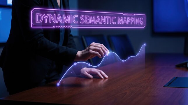 Dynamic Semantic Mapping technology displayed on a futuristic interface above a business person's hands