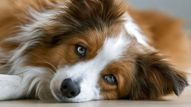Close-up of a relaxed dog with expressive eyes and soft fur.