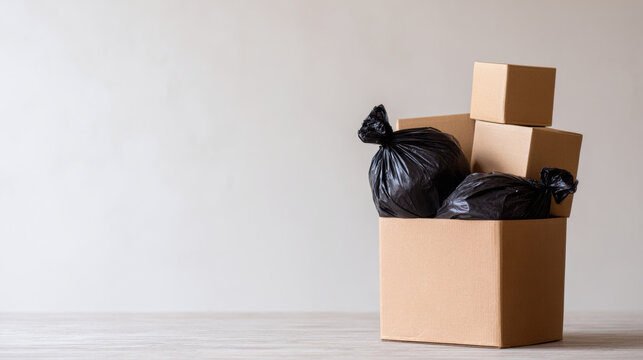Cardboard box filled with trash bags and boxes