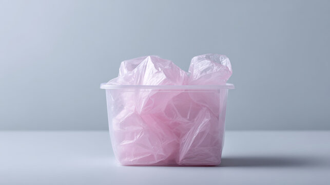 Plastic container with pink plastic bag