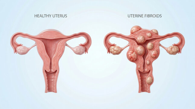 Uterine Fibroids Pathology and Healthy Uterus Anatomy Comparison