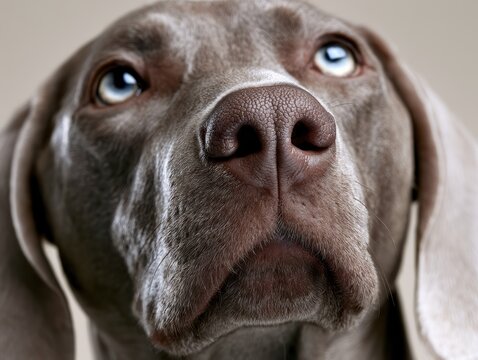 Minimalist portrait of a small dog's face in soft studio lighting against a neutral beige background.