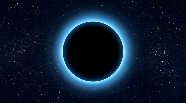 A luminous blue ring encircles a deep black void against a star-filled cosmic background representing a black hole