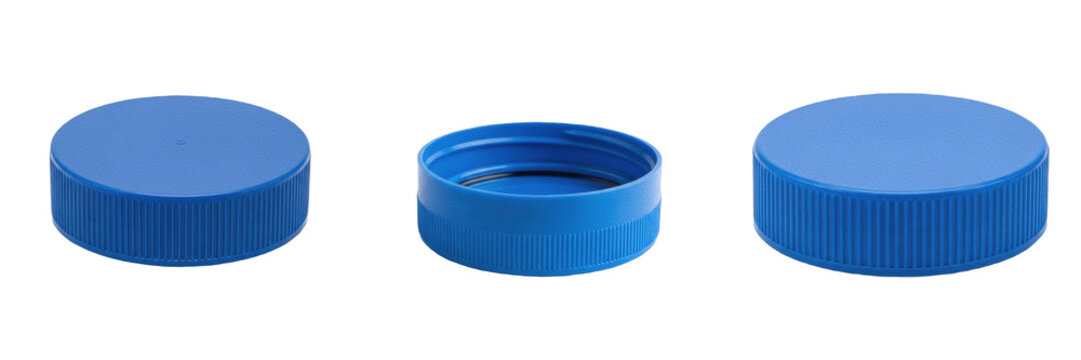 Blue Plastic Bottle Cap Mockup Set, Realistic Screw Caps for Packaging Design, Blank Round Jar Closures Collection, Isolated Industrial Parts for Product Branding and Container Templates, Blue Stopper