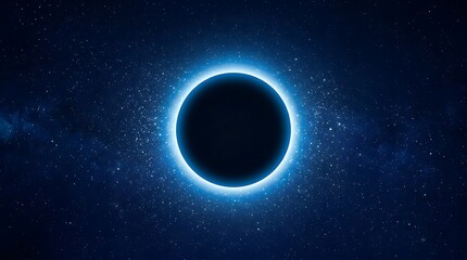 Obraz premium Ethereal black hole with a luminous blue ring emanates light amidst a vast expanse of sparkling stars in the cosmos