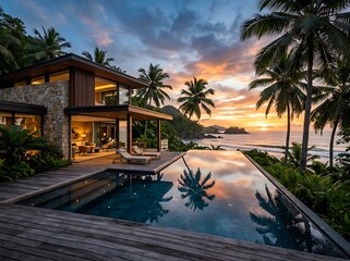 Fototapeta premium Luxurious villa with infinity pool overlooking a breathtaking tropical beach at sunset. Palm trees sway gently in the warm breeze as the sky ignites with vibrant colors