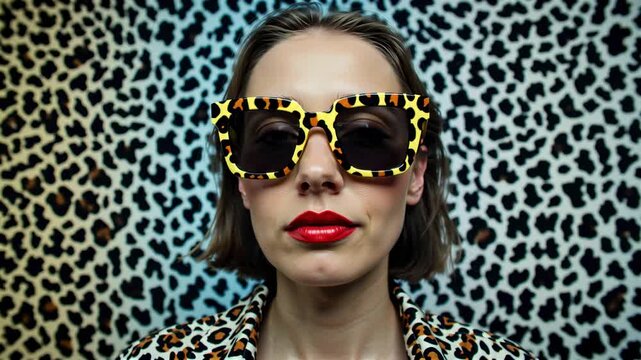 Female model with short hair wearing leopard print sunglasses poses confidently against a vibrant leopard print background, showcasing bold fashion choices and striking visual appeal