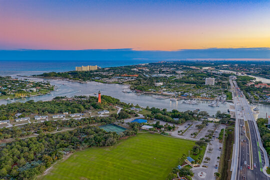 aerial view of Jupiter Florida Inlet sunset