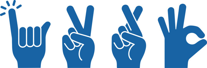 Obraz premium Four blue hand gestures on white background okay peace rock on and number one signs