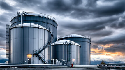 Obraz premium Metal storage tanks against a dramatic skyline at sunset.