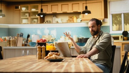 Confused preoccupied male, uncertain with remote work, laptop working from home, unsure male...