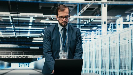 Data center technician using laptop and augmented reality to install upgraded server racks systems, Worker using automation tools to monitor server farm performance, VFX overlay, camera B. © DC Studio