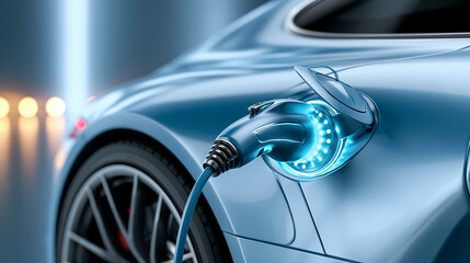 Naklejka premium Sleek electric vehicle charging with glowing connector detail.