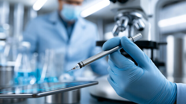 Scientist working in laboratory with microscope and test tubes.