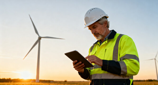 Engineer in hard hat and high-visibility jacket checks tablet in front of wind turbines at sunset