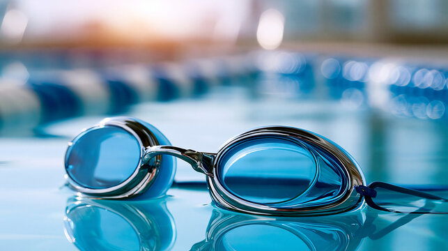 Swimming goggles resting on the edge of a clear pool.