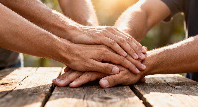 A group of diverse hands coming together in a gesture of unity and teamwork, symbolizing collaboration and shared purpose