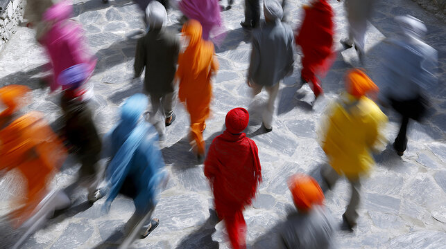 Vibrant crowd of people in traditional attire moving together.