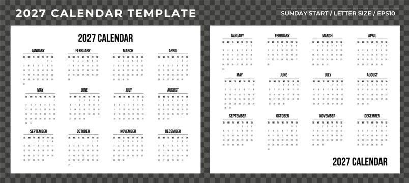 Set of 2027 yearly calendar template, Week Sunday start, Annual horizontal layouts in classic grid design